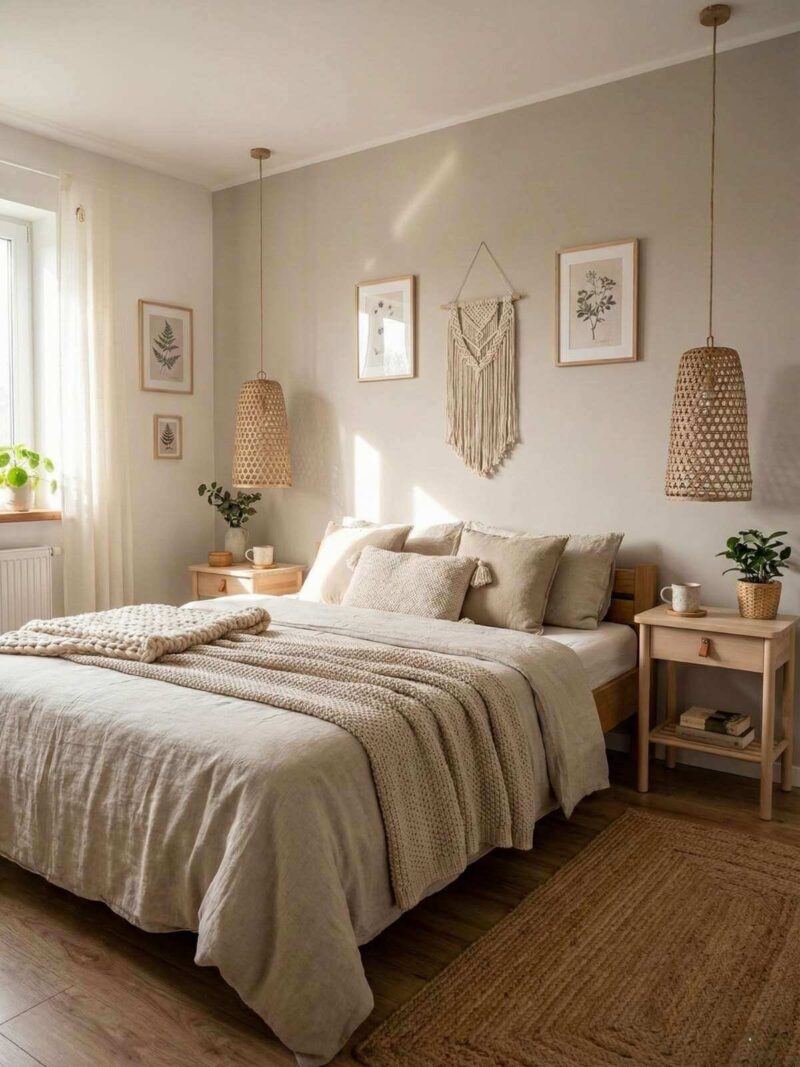 Lampy z bambusa zawieszone nad stolikami nocnymi obok łóżka w sypialni urządzonej w stylu skandynawskim.