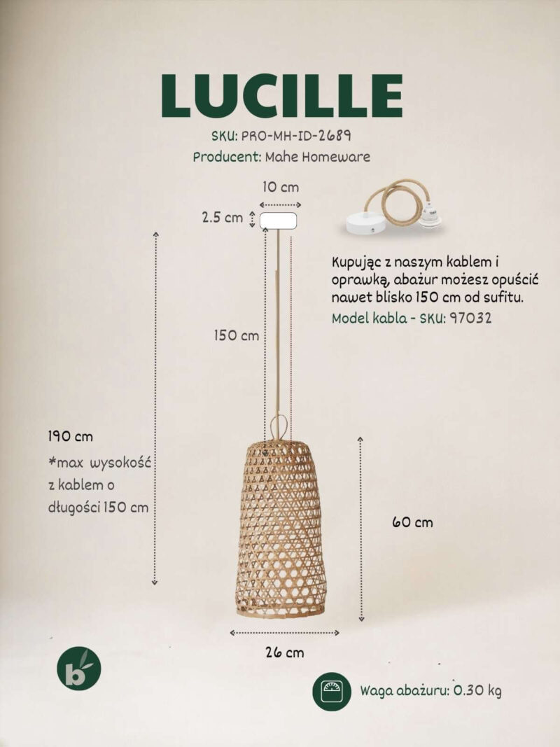 Karta z wymiarami lampy Lucille.
