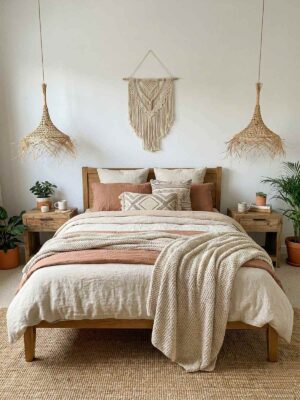 Lampy wiszące Brisa w sypialni urządzonej w stylu scandi-boho