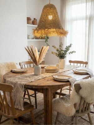 Lampa z frędzlami nad okrągłym drewnianym stołem w jadalni urządzonej w stylu scandi-boho.