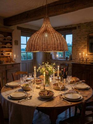 Duża rattanowa lampa w kształcie wielkiego kwiatu nad okrągłym drewnianym stołem w jadalni urządzonej w rustykalnym stylu.