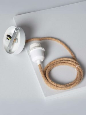 Kabel w oplocie jutowym z białą rozetą i oprawką E27 do lamp wiszących, długość 150 cm