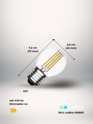 Wymiary małej filamentowej żarówki LED.