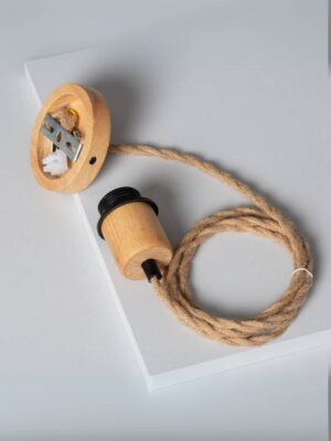 Kabel pleciony naturalny z drewnianą rozetą i czarną oprawką E27.