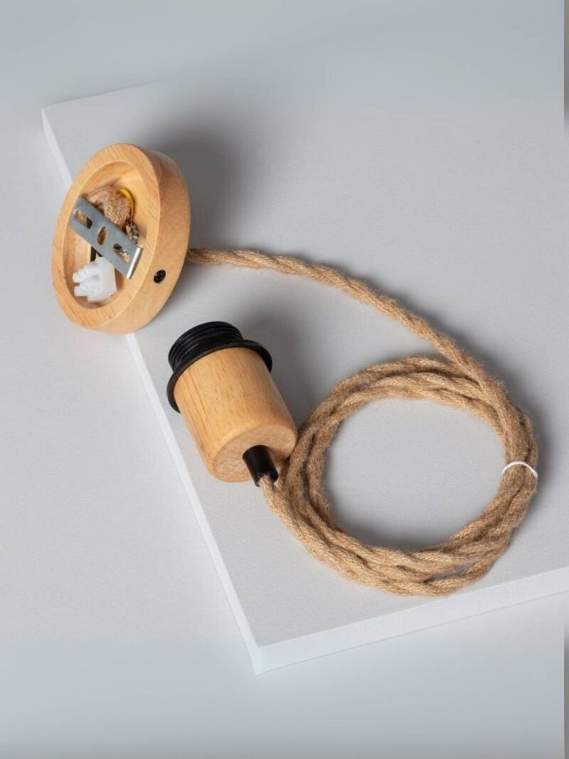 Kabel pleciony naturalny z drewnianą rozetą i czarną oprawką E27.