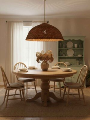 Duża lampa z rattanu nad okrągłym stołem we wnętrzu w stylu cottage.