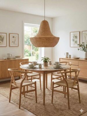 Duży rattanowy żyrandol nad stołem w jadalni urządzonej w skandynawskim stylu.