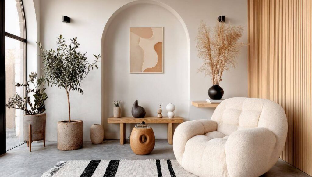 Wnętrze przedstawia estetycznie urządzony salon w stylu japandi.