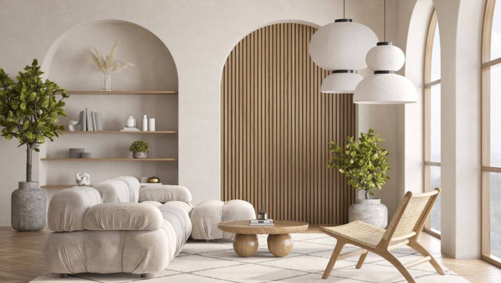 Na zdjęciu widać wnętrze ekskluzywnego salonu urządzonego w duchu japandi, niska pękata sofa, drewniany fotel i papierowe lampy wiszące.
