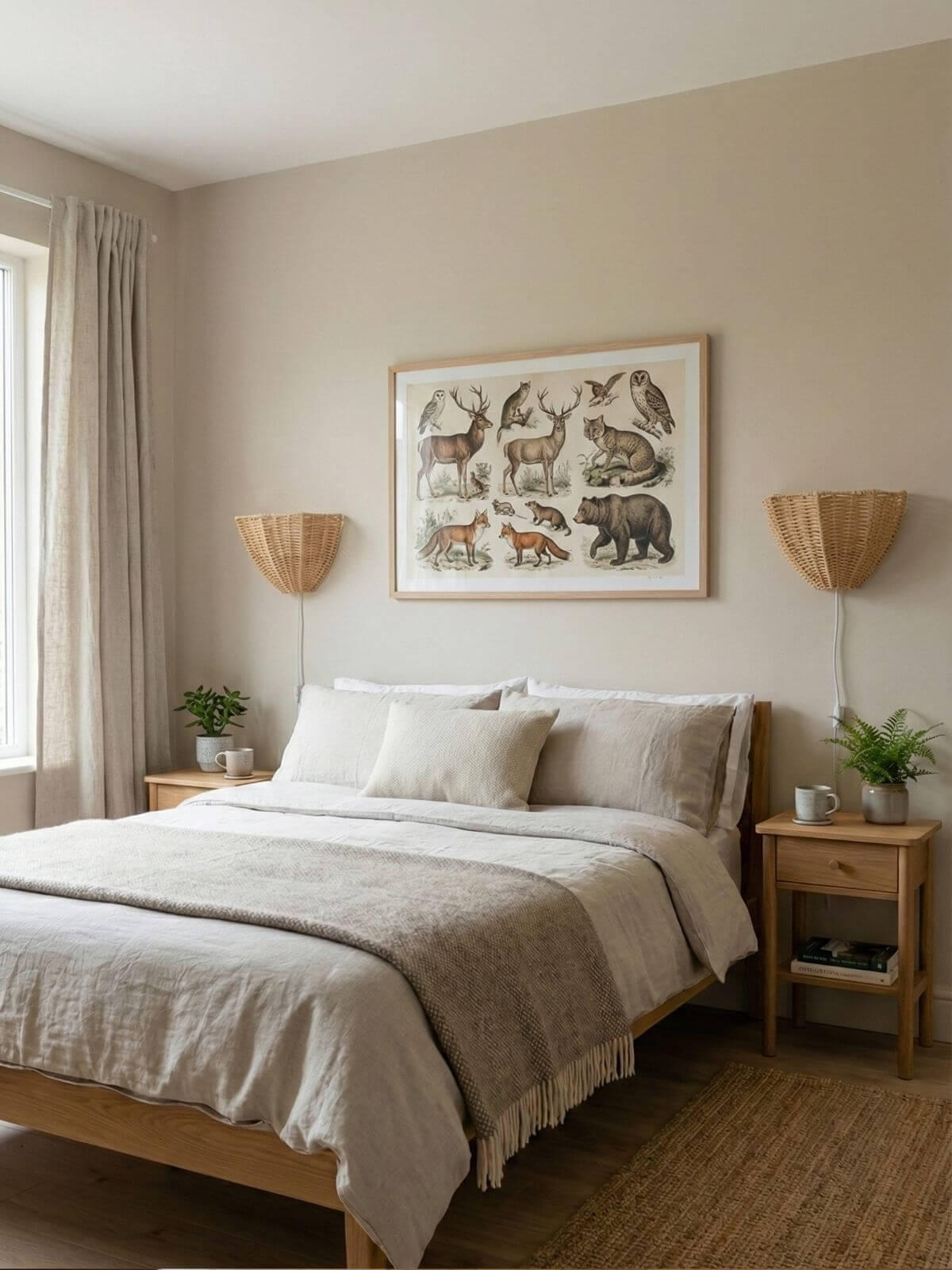 Zdjęcie przedstwia lampy ścienne z rattanu w kształcie fal nad stolikami nocnymi w sypialni urządzonej w stylu japandi.