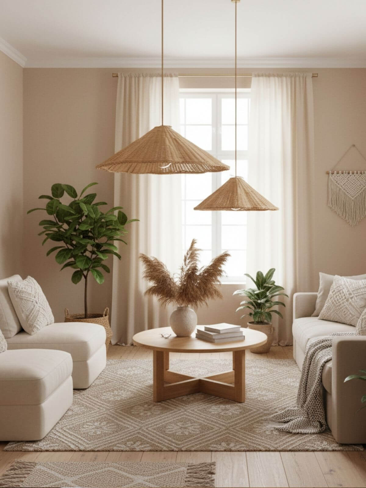 Zdjęcie przedstawia dwie lampy w kształcie paraoli o różnej wielkości zawieszone nad okrągłym stolikiem kawowym we wnętrzu w stylu scandi boho.