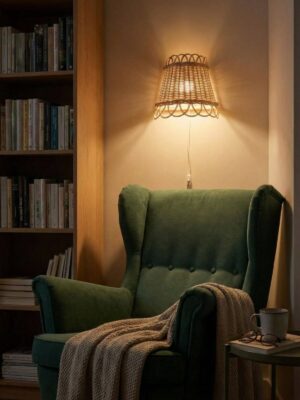 Kinkiet rattanowy nad fotelem typu uszak w kąciku czytelniczym.