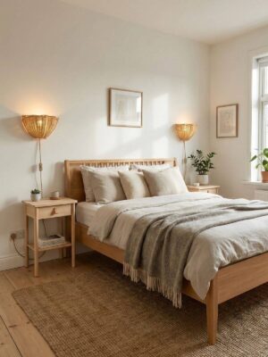 Kinkiety z rattanu Waves na ścianie obok łóżka w sypialni urządzonej w stylu skandynawskim.