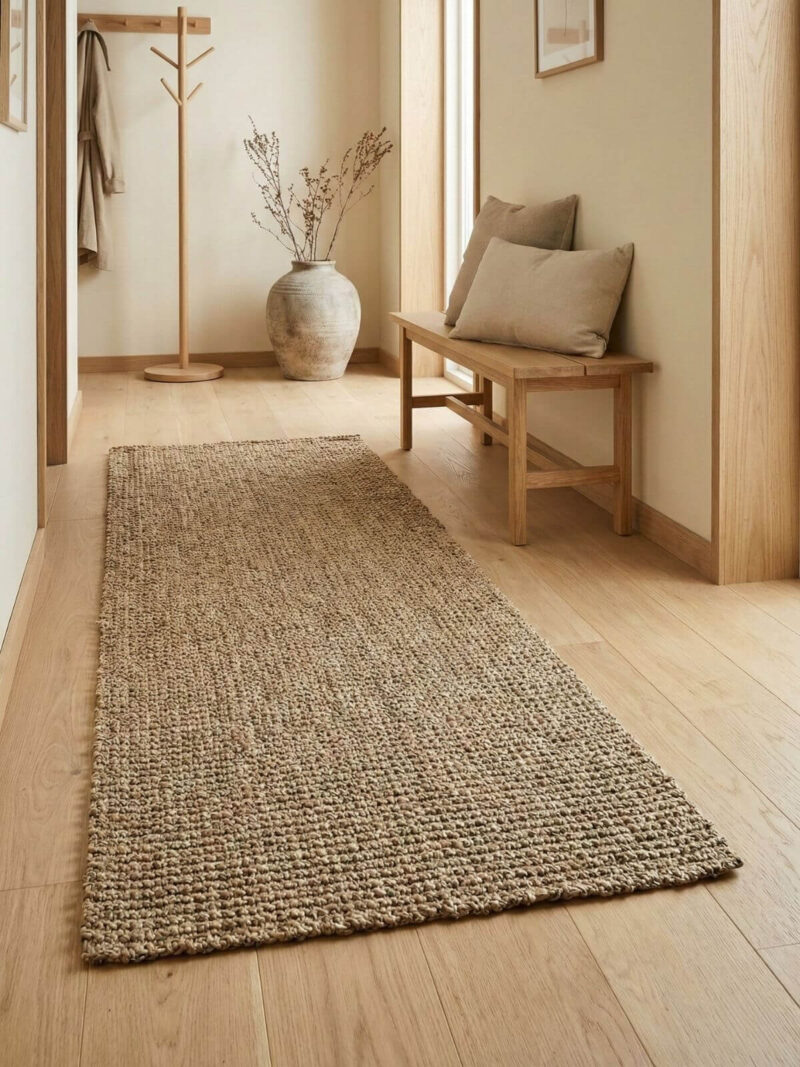 Naturalny pleciony chodnik sizalowy w korytarzy urządzonym w skandynawskim stylu.