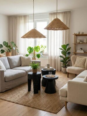 Salon urządzony w stylu scandi-boho. Po dwóch stronach widać sofy, na środku zestaw trzech róznych stolików a nad nimi wiszące lampy w kształcie parasola.