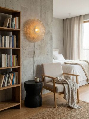 Kącik biblioteczny. Od lewej regał z ksiązkami, czarny drewniany stolik japandi, nad nim lampa ścienna okrągła, prosty fotel. W tle widać łóżko.