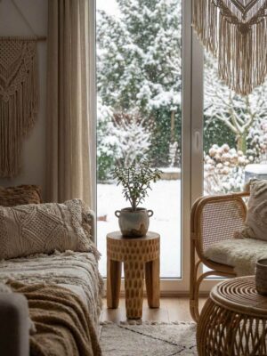 Taboret drewniany, na którym stoi doniczka z kwiatem przy oknie tarasowym.