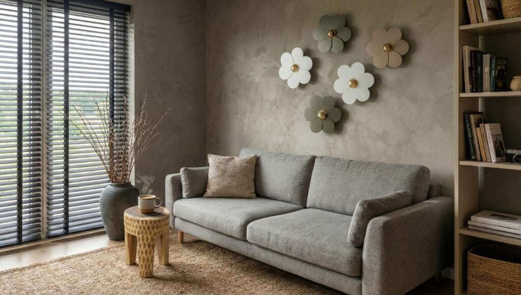 Wnętrze salonu w typowym polskim mieszkaniu urządzonym w stylu dark japandi. Nad sofą designerskie lampy kwiaty.