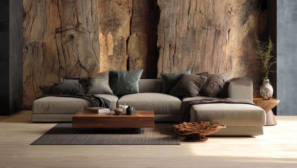 Niska sofa na tle drewnianej ściany w salonie dark japandi.