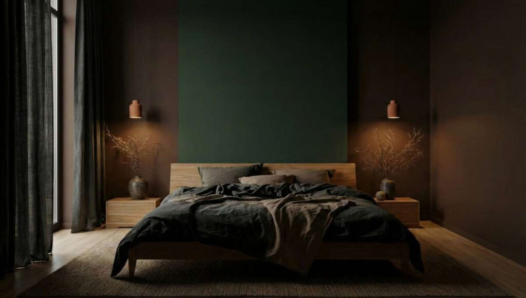 Ciemna sypialnia z drewnianym łóżkiem, lnianą pościelą i wysokim oknem urządzona w stylu dark japandi.