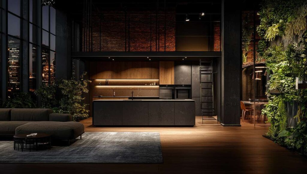 Kuchnia i jadalnia w nowoczesnym apartamencie urządzonym w minimalistycznym stylu japońskim. Ciemne drewno, oświetlenie LED.
