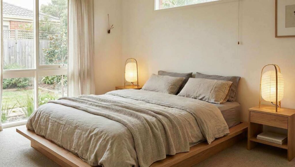 Na zdjęciu widać niskie drewniane łóżko z lnianą szarą pościelą i lampkami nocnymi w japońskim stylu. Widać też duże tarasowe okno a za nim zielony ogród.