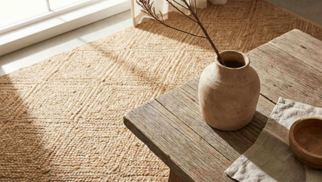 Zdjęcie przedstawia zbliżenie na fakturę drewnianego stolika, na którym stoi wazon z surowej gliny. Na podłodze widać dywan pleciony z sizalu lub juty.