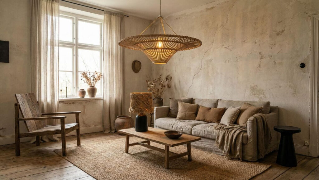 Duża lampa w kształcie bączka zawieszona nad drewnianym stolikiem w stylu wabi-sabi.