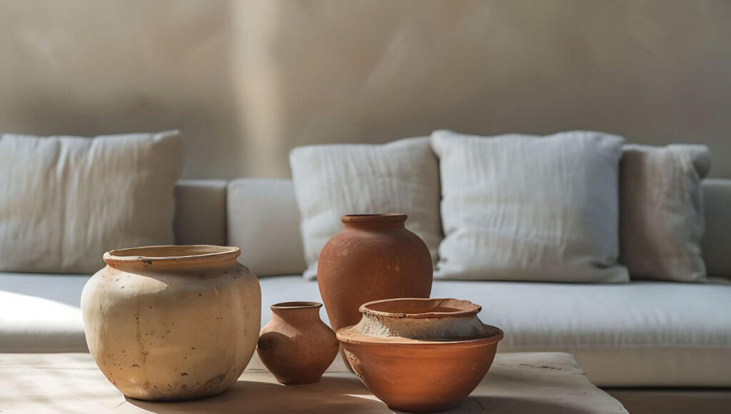 Wazony z surowej gliny na drewnianej ławie przed beżową sofą.