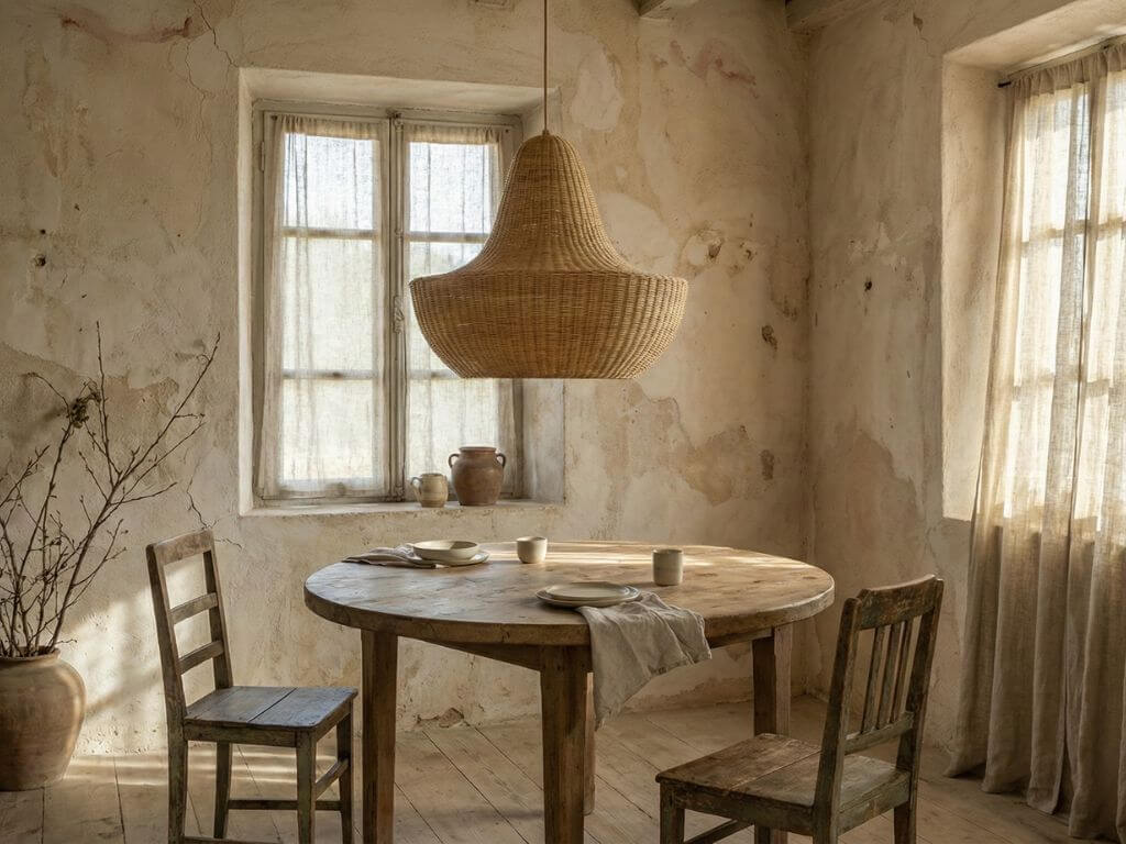 Zdjęcie przedstawia dżą rattanową lampę nad drewnianym stołem w surowym wnętrzu wabi-sabi.